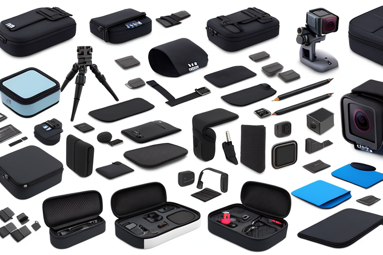 A gopro hero 8 camera with various accessories