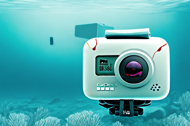 A gopro camera submerged underwater in a natural environment