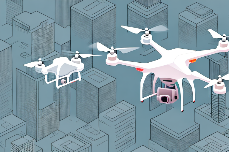 A drone flying in a busy urban environment