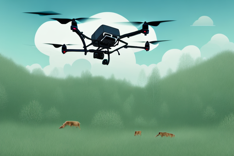 A drone hovering over a natural landscape with wildlife visible in the background