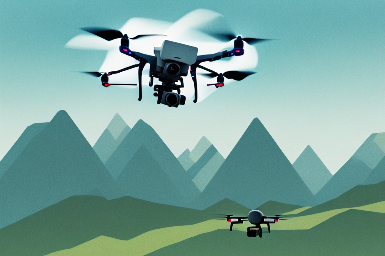 A drone taking a photograph of a scenic landscape with a strong focal point