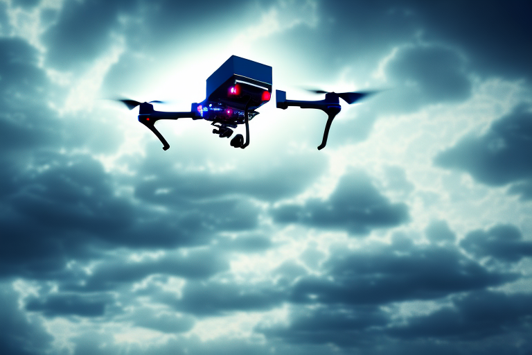 A drone flying through a dramatic sky with a mix of light and dark clouds
