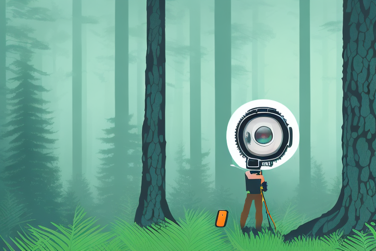 A hunter in a forest setting with a video camera in hand