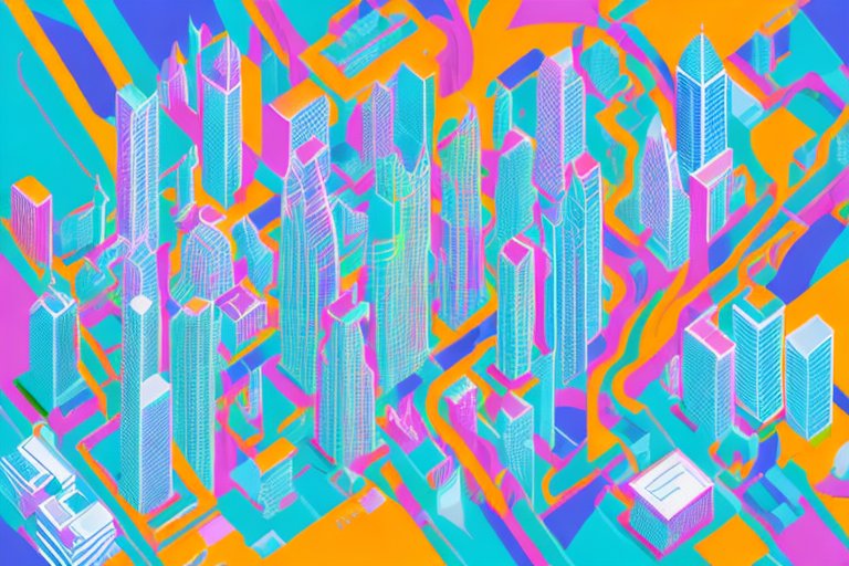 An aerial view of a vibrant cityscape with bright colors and dynamic shapes