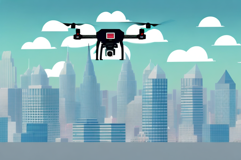 A drone flying in the sky with a cityscape in the background