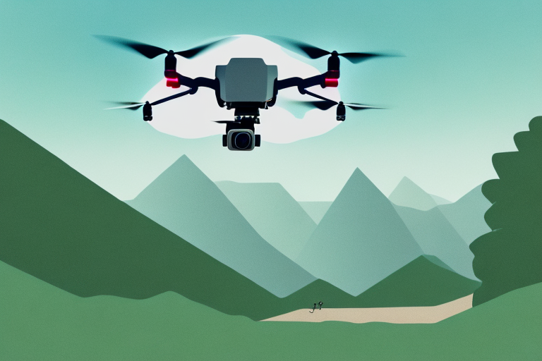 A drone taking a photograph of a landscape with natural framing elements