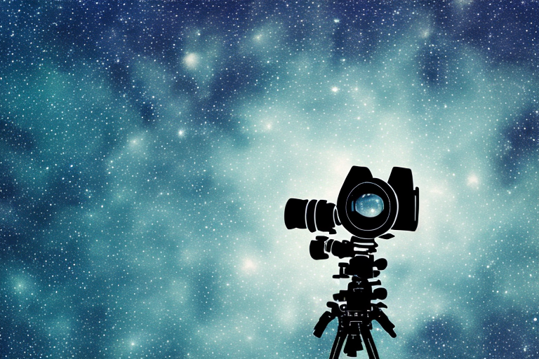 A night sky with a canon camera and lens capturing the stars