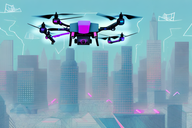 A drone racing through a city skyline