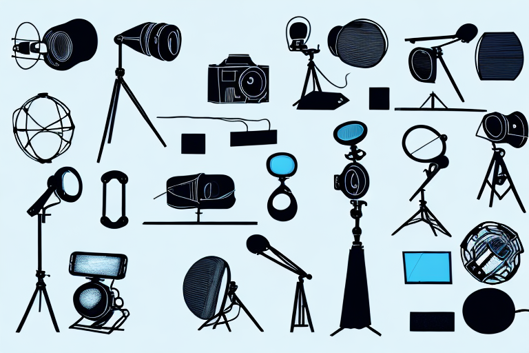 A variety of photography lighting equipment in a studio setting