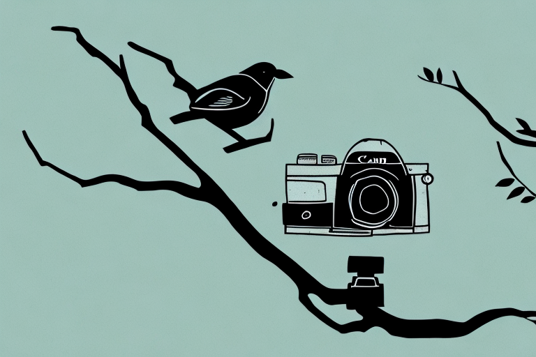 A bird perched on a branch with a canon camera in the foreground