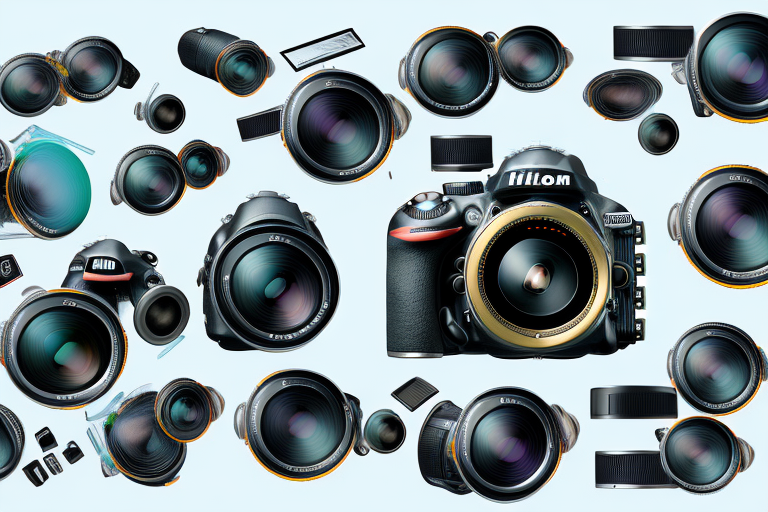 A nikon d5200 camera with a selection of lenses around it