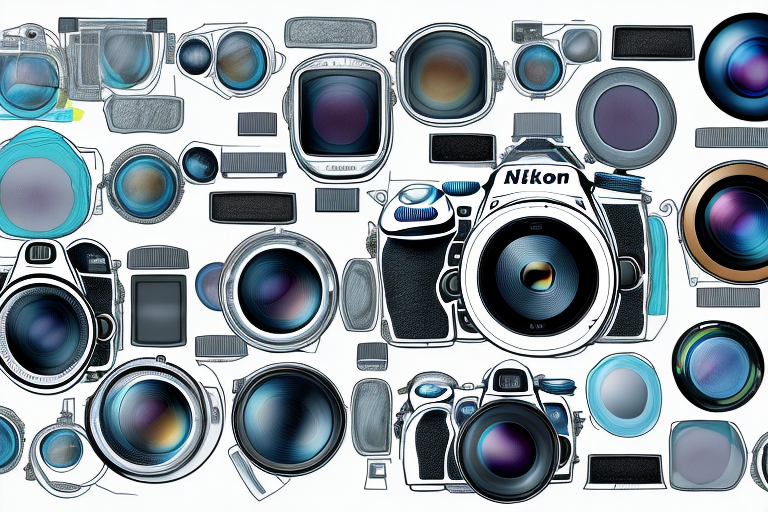 A nikon d7000 camera with a variety of lenses attached