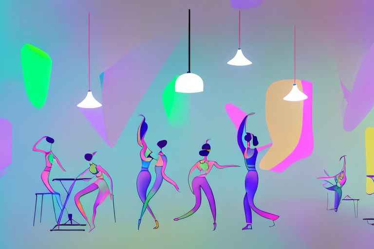 A dance studio with colorful lighting fixtures and spotlights