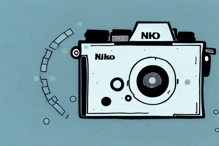 A nikon camera with a video camera icon in the background