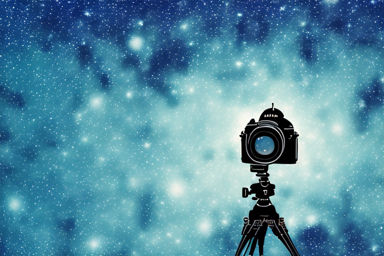 A night sky filled with stars and a nikon camera lens capturing the scene