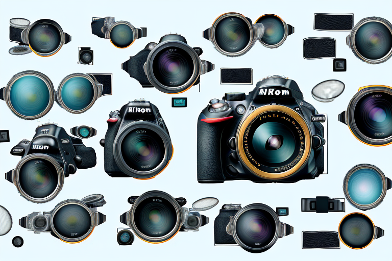 A nikon d5600 camera with a selection of lenses around it