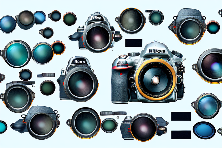 A nikon d500 camera with a selection of lenses