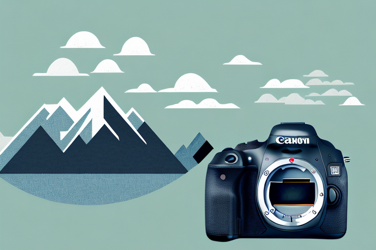 A canon camera with a scenic landscape in the background