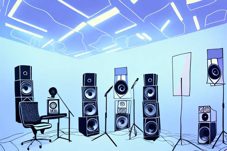 A recording studio with a variety of lights illuminating the room