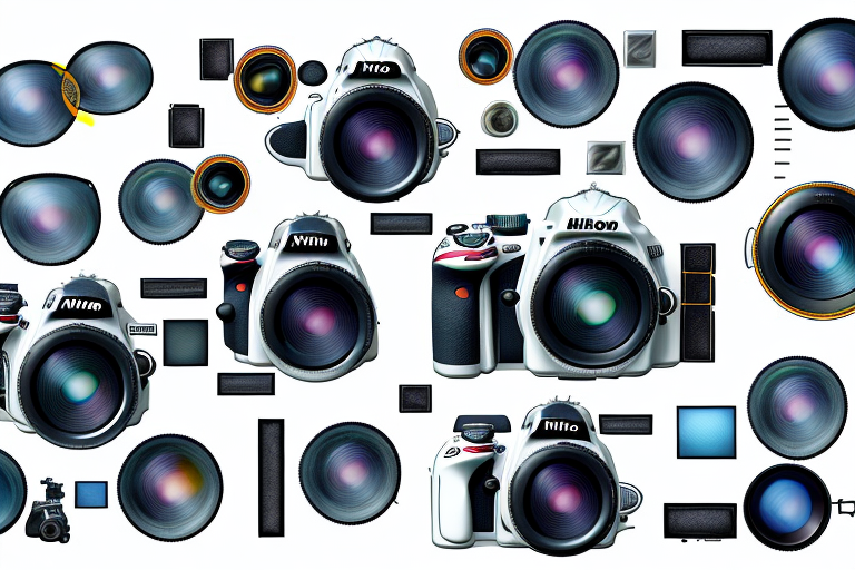 A nikon d3400 camera with a selection of lenses