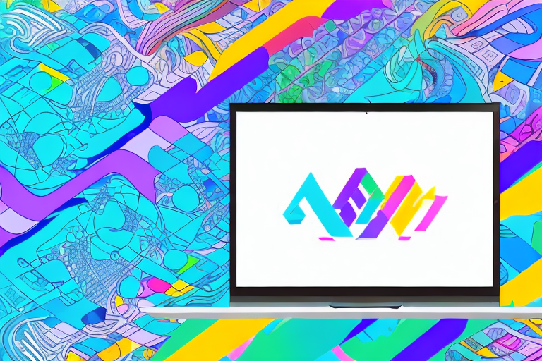 A laptop with a colorful background of graphic design elements