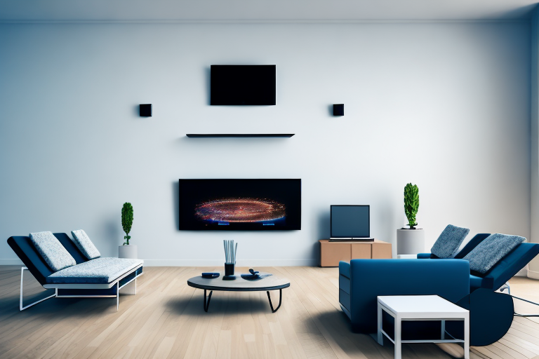 A modern living room with a smart tv in the center