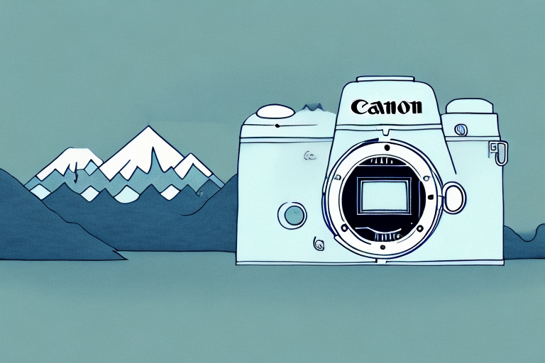 A canon camera lens with a scenic landscape in the background