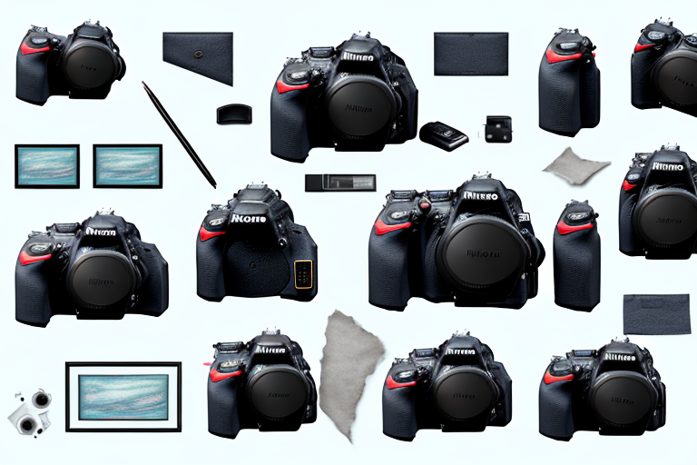 A nikon d5600 camera with its accessories