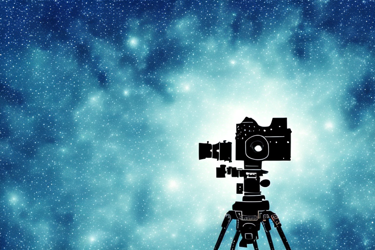 A night sky with stars and a camera with a telephoto lens capturing the scene