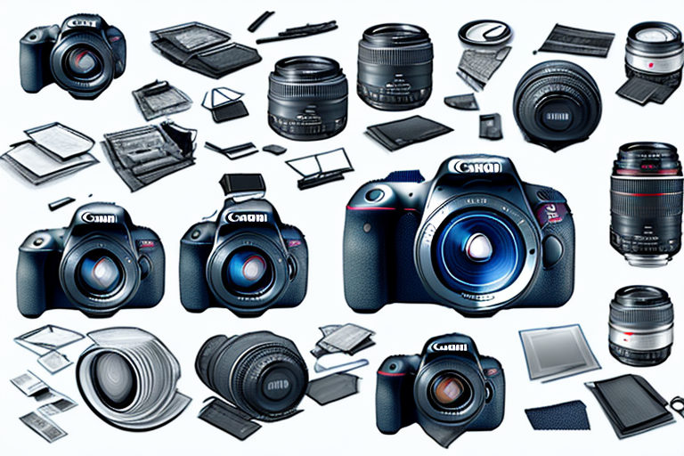 A canon eos rebel t8i camera with its accessories