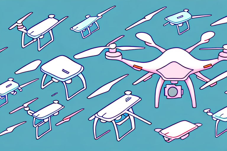 A variety of drones in different colors and sizes flying in the sky
