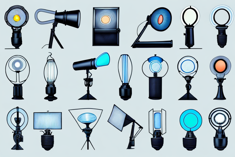 A variety of portable studio lights in different shapes and sizes
