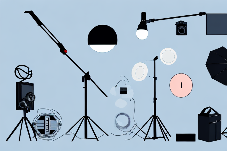 A studio lighting setup with various equipment and accessories