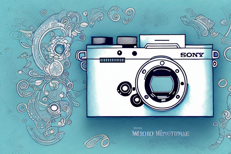A sony camera with a wedding-themed background