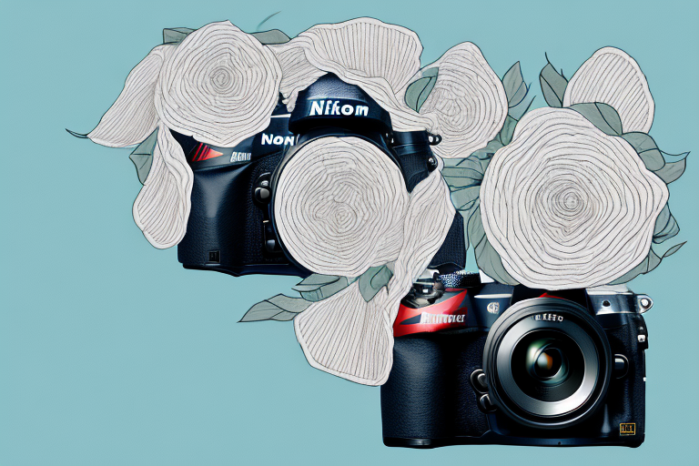 A nikon camera with a wedding bouquet and a wedding veil draped over it
