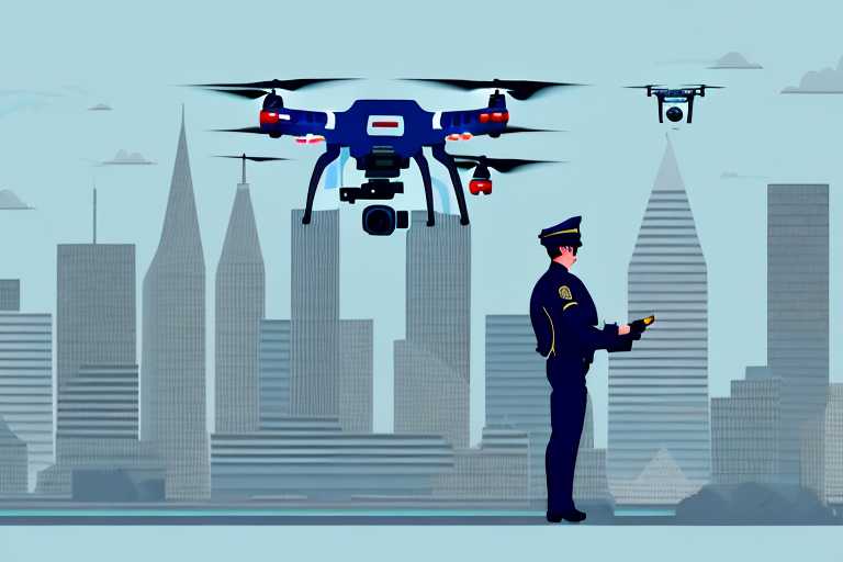 A law enforcement officer using a drone to survey a city landscape