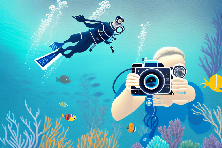 A diver with a camera taking a close-up shot of a colorful underwater scene