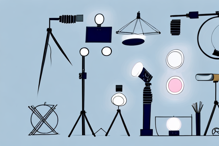 A professional studio set-up with light stands and lighting equipment