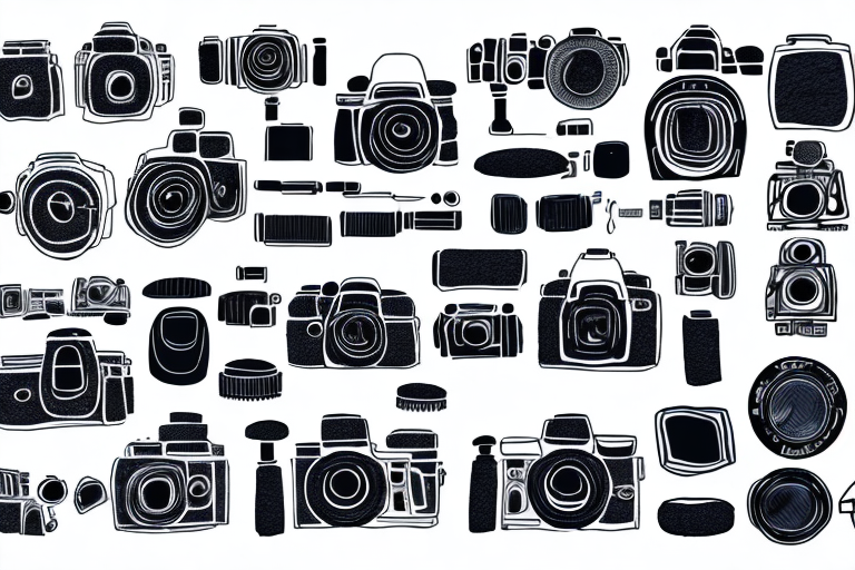 A camera setup with a variety of lenses