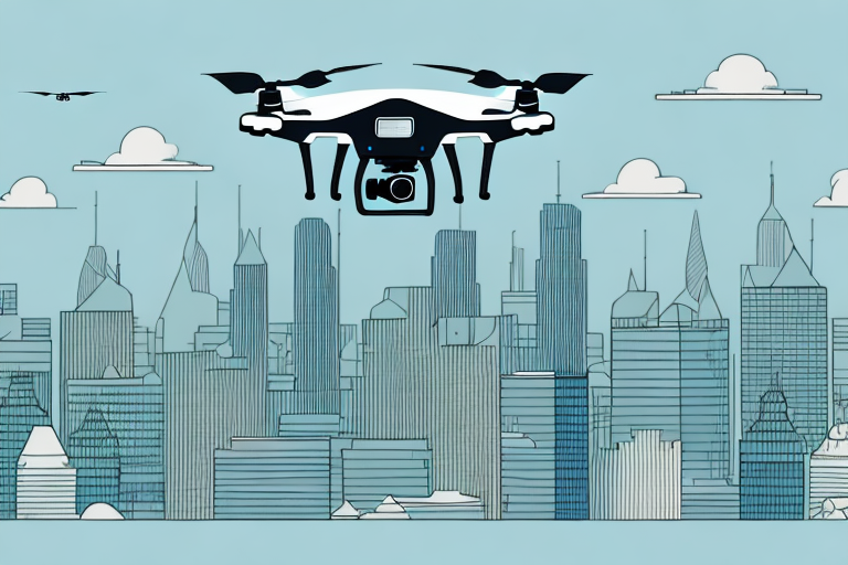 A drone flying over a city skyline