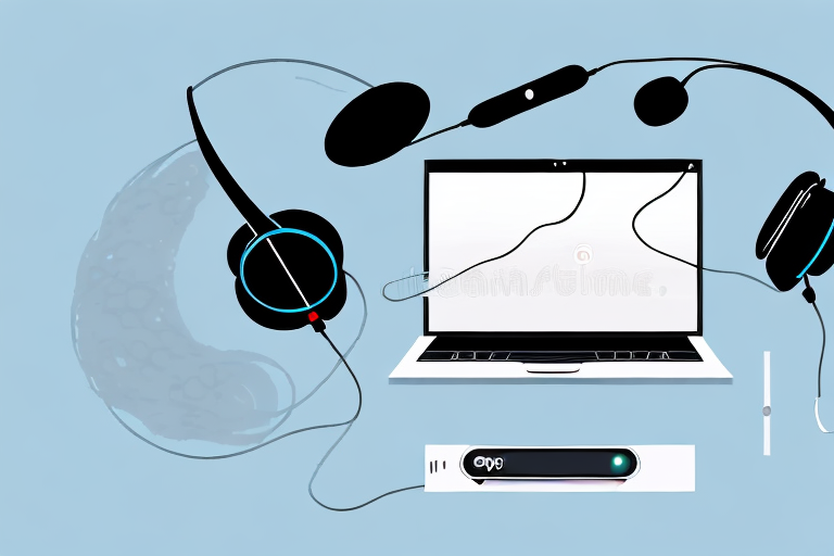 A laptop with a microphone and headphones set up on a desk