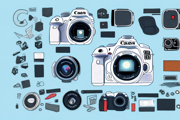 A canon eos 90d camera with its accessories