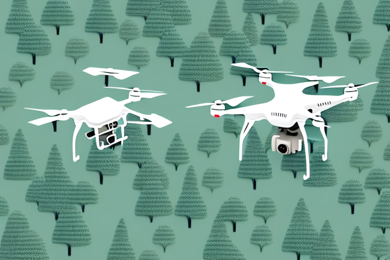 A drone flying over a landscape of trees and hills