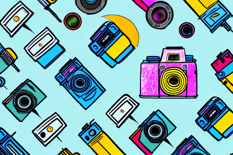 A colorful and fun camera with a playful background
