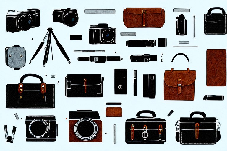 A leather camera bag with its contents spilling out