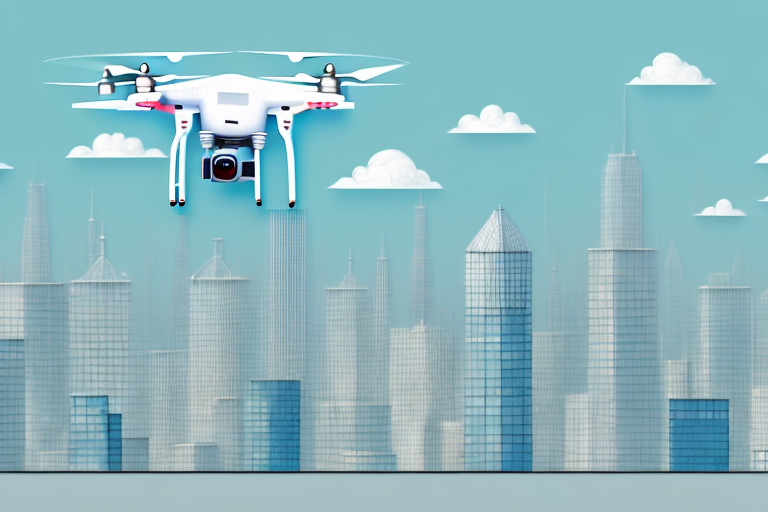 A drone flying over a cityscape with tall buildings