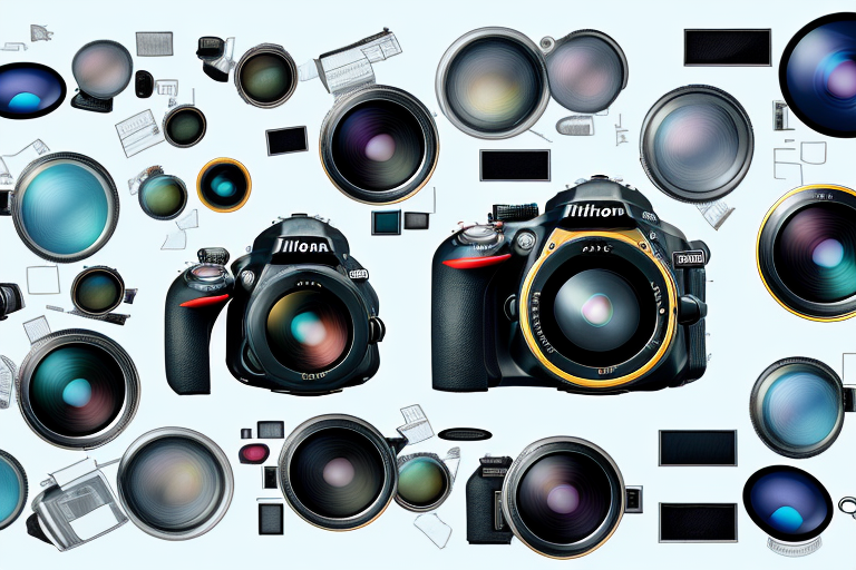 A nikon d5300 camera with a selection of lenses