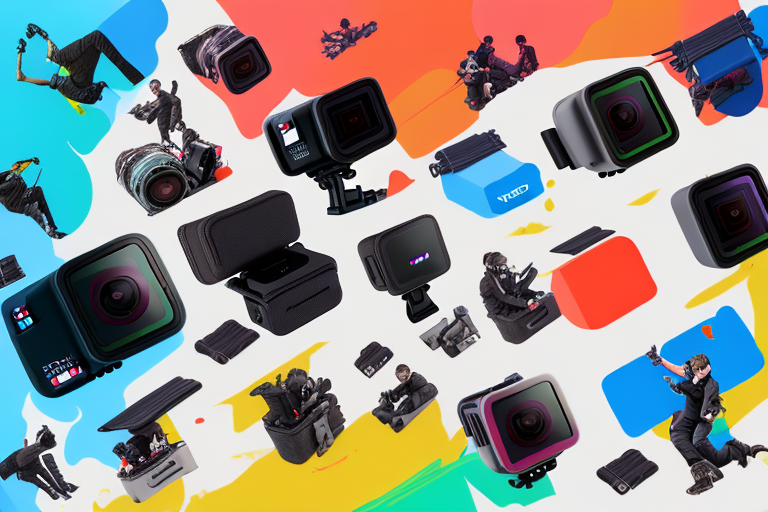 A variety of gopro hero 5 accessories in a colorful and dynamic composition