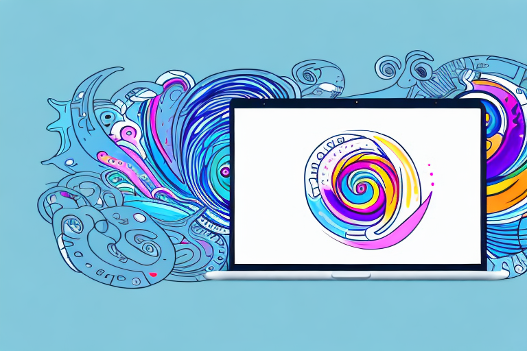 A laptop with colorful animation elements swirling around it