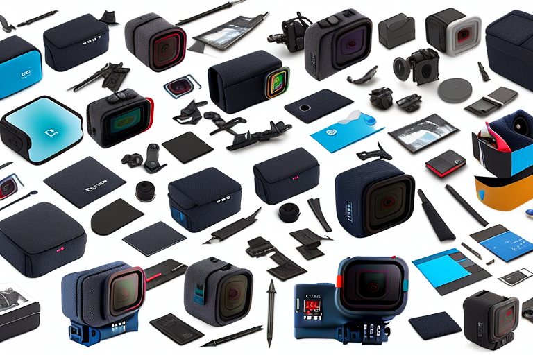 A gopro hero 11 camera with its various lenses and accessories